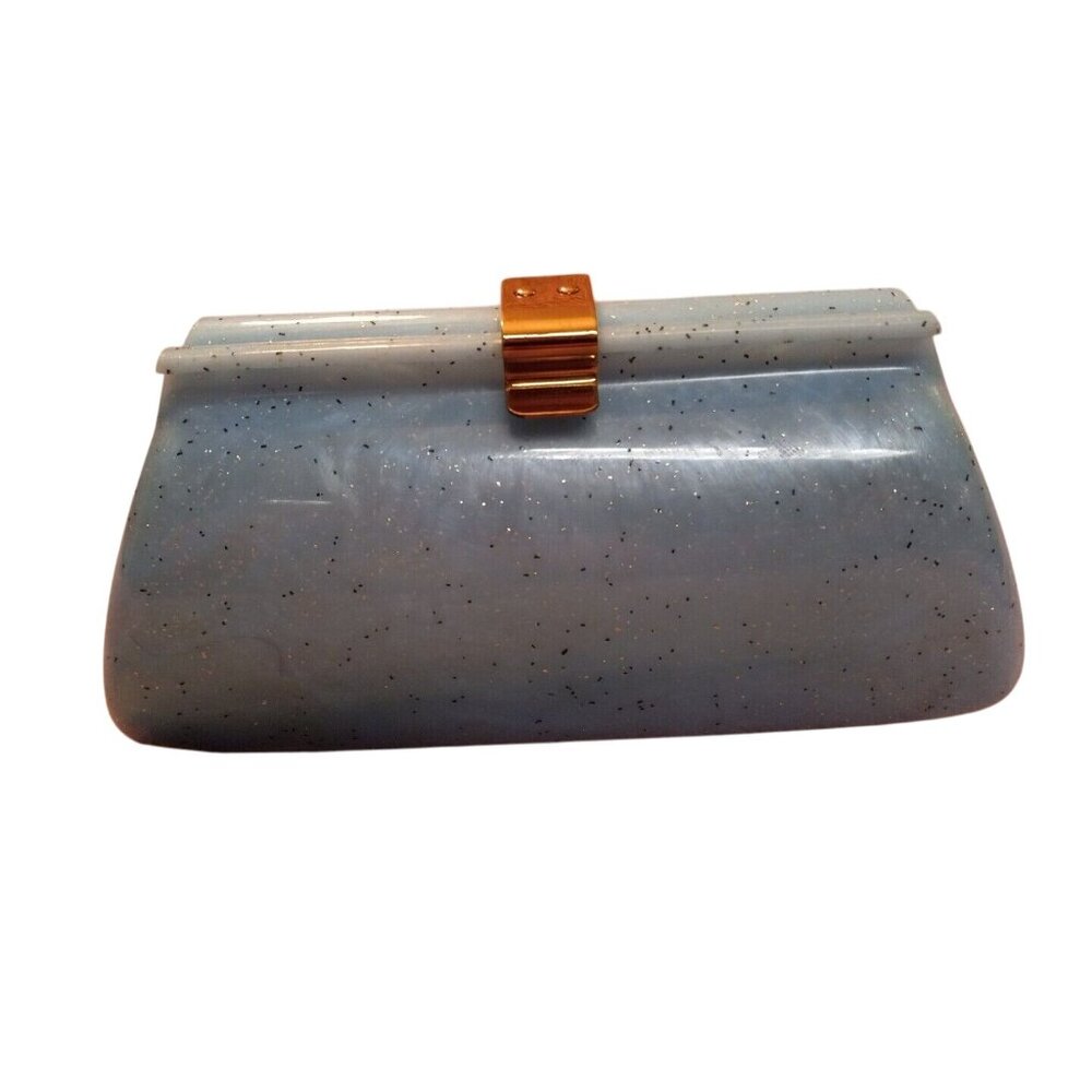 Vintage 50s Blue Pearlized Glitter Confetti Lucite Clutch Purse Architectural